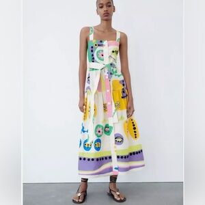 Zara Button Down Printed Midi Long Sun Dress